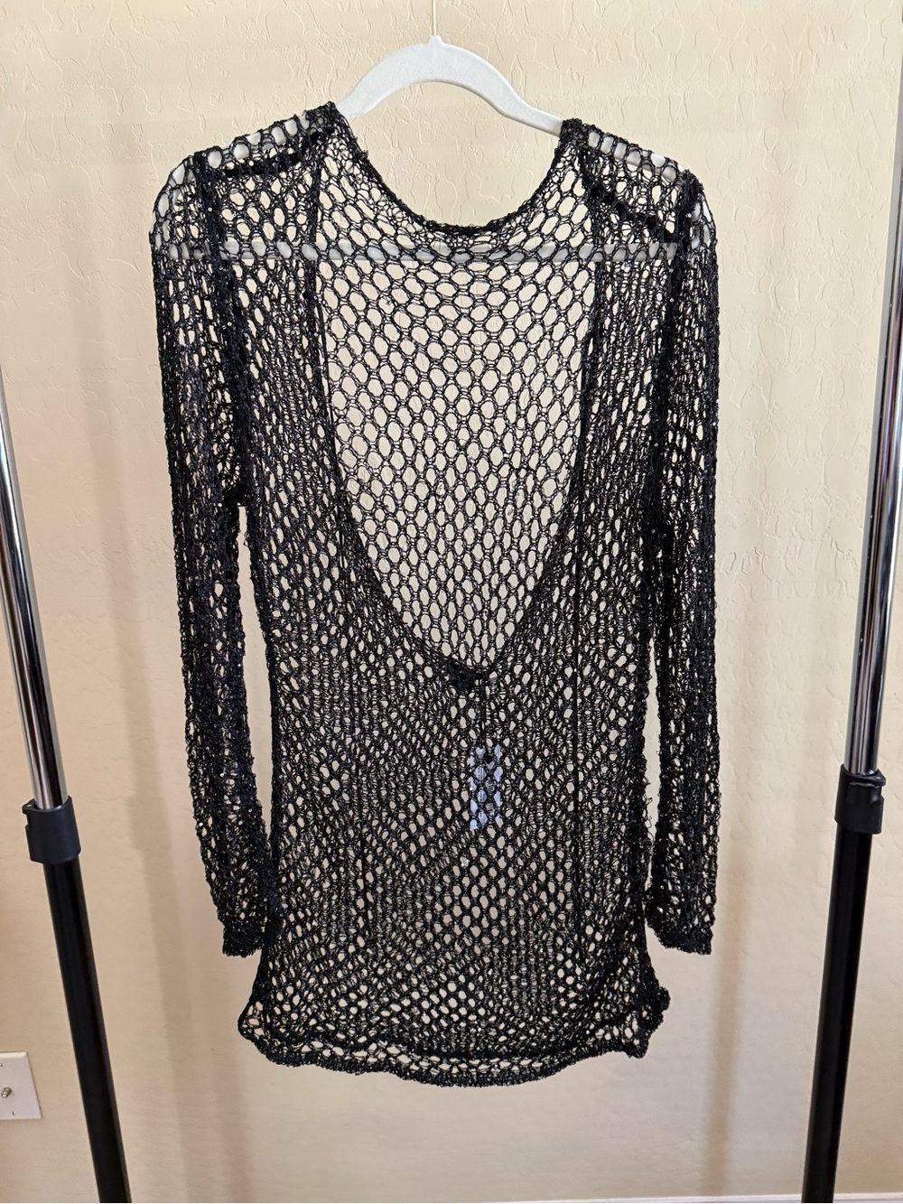 Nasty Gal Black Open-Knit Long-Sleeve Mini Cover-Up